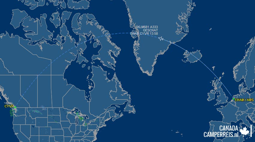 Van Amsterdam naar Vancouver - heenvlucht