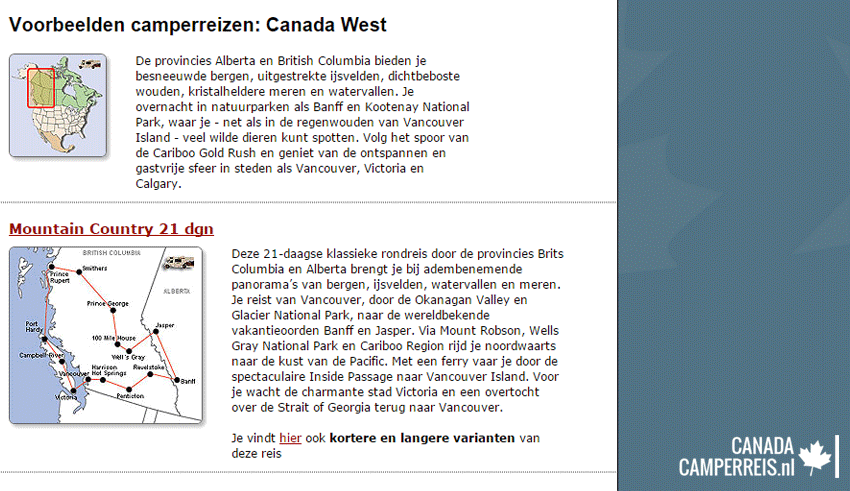 voorbeeldreizen Canada op sites van touroperators
